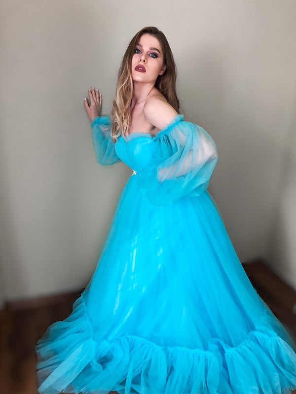 Vestido de noche de graduación con corte A/princesa, hombros descubiertos, apliques de tul, largo hasta el suelo, mangas largas