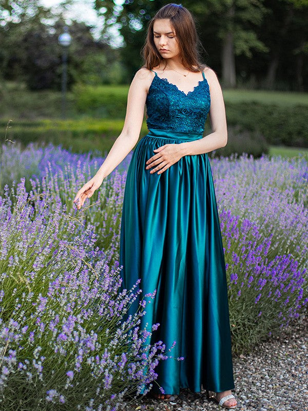 Vestido de noche de graduación con tirantes finos, sin mangas, largo hasta el suelo, con encaje, imitación seda satinada
