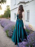 Vestido de noche de graduación con tirantes finos, sin mangas, largo hasta el suelo, con encaje, imitación seda satinada