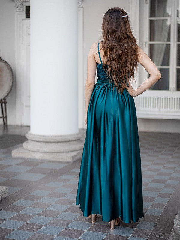 Vestido de noche de graduación con tirantes finos, sin mangas, largo hasta el suelo, con encaje, imitación seda satinada
