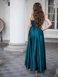 Vestido de noche de graduación con tirantes finos, sin mangas, largo hasta el suelo, con encaje, imitación seda satinada
