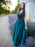 Vestido de noche de graduación con tirantes finos, sin mangas, largo hasta el suelo, con encaje, imitación seda satinada