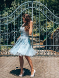 Vestido de fiesta de graduación, corte A/princesa, sin mangas, con tirantes y apliques de tul, corto/mini