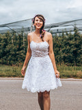 Vestido de fiesta corto/mini sin mangas con apliques de encaje y tirantes finos de corte A/princesa para regreso a casa