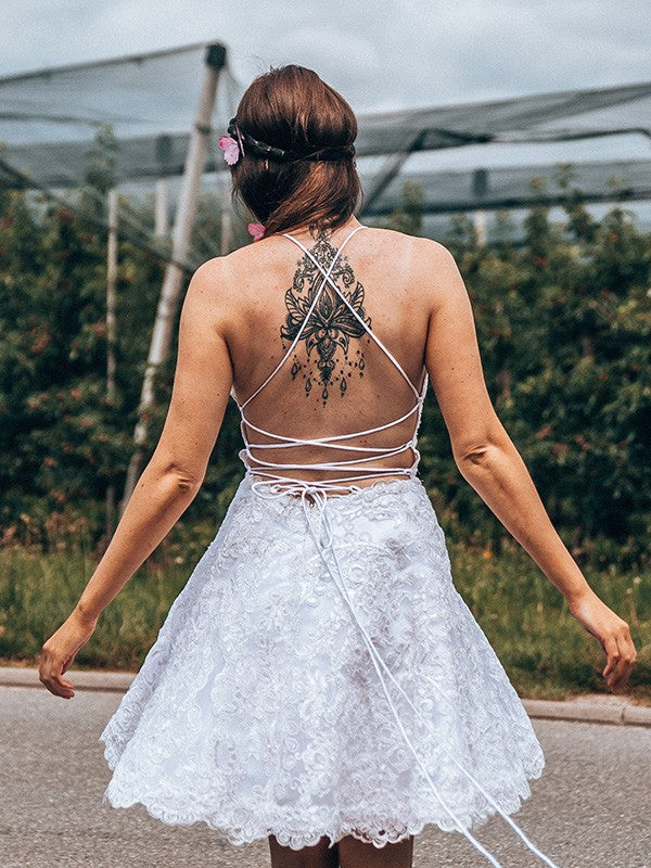 Vestido de fiesta corto/mini sin mangas con apliques de encaje y tirantes finos de corte A/princesa para regreso a casa