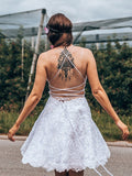 Vestido de fiesta corto/mini sin mangas con apliques de encaje y tirantes finos de corte A/princesa para regreso a casa