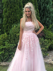 Vestido de noche de graduación con apliques de tul, corte A/princesa, sin tirantes, sin mangas, largo hasta el suelo