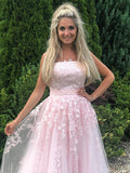 Vestido de noche de graduación con apliques de tul, corte A/princesa, sin tirantes, sin mangas, largo hasta el suelo