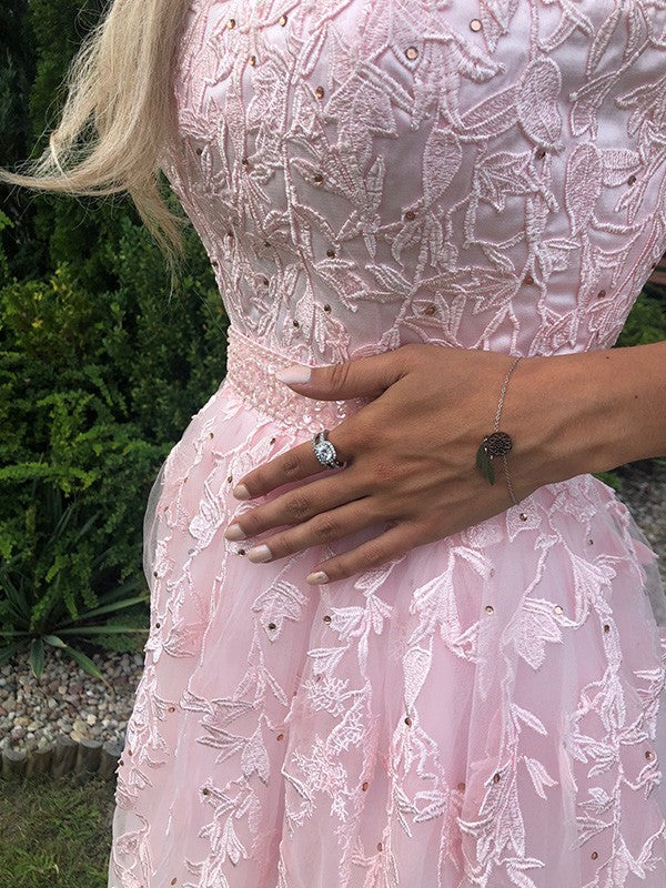 Vestido de noche de graduación con apliques de tul, corte A/princesa, sin tirantes, sin mangas, largo hasta el suelo
