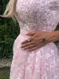 Vestido de noche de graduación con apliques de tul, corte A/princesa, sin tirantes, sin mangas, largo hasta el suelo