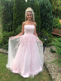 Vestido de noche de graduación con apliques de tul, corte A/princesa, sin tirantes, sin mangas, largo hasta el suelo
