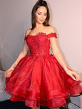 Vestido de fiesta corto con hombros descubiertos y apliques de organza para cóctel