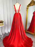 A-Line/Princess V-Neck Sleeveless Sweep/Brush Train Silk like Satin Dresses Prom Evening Dress