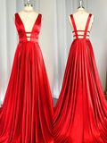 A-Line/Princess V-Neck Sleeveless Sweep/Brush Train Silk like Satin Dresses Prom Evening Dress
