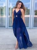 Vestido de graduación de gasa fruncida, sin mangas, con escote en V y corte A hasta el suelo