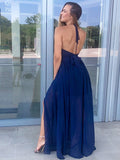 Vestido de graduación de gasa fruncida, sin mangas, con escote en V y corte A hasta el suelo