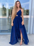 Vestido de graduación de gasa fruncida, sin mangas, con escote en V y corte A hasta el suelo