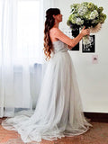 Vestido de noche de fiesta de tul con cuentas y corte princesa, sin mangas, con tirantes finos y cola larga