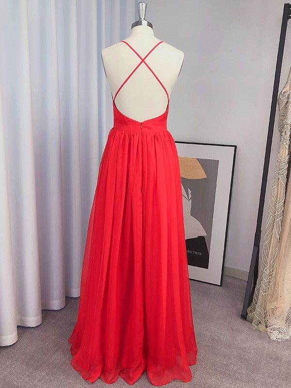 Vestido de noche de graduación de gasa con corte A/princesa, escote en V, sin mangas, largo hasta el suelo y volantes