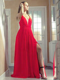 Vestido de noche de graduación de gasa con corte A/princesa, escote en V, sin mangas, largo hasta el suelo y volantes