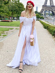 A-Line/Princess Sash/Ribbon/Belt Off-the-Shoulder Satin Floor-Length Sleeveless Dresses Prom Evening Dress Bridal Gowns