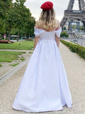 A-Line/Princess Sash/Ribbon/Belt Off-the-Shoulder Satin Floor-Length Sleeveless Dresses Prom Evening Dress Bridal Gowns