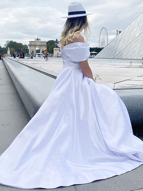 A-Line/Princess Sash/Ribbon/Belt Off-the-Shoulder Satin Floor-Length Sleeveless Dresses Prom Evening Dress Bridal Gowns