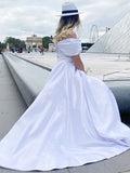A-Line/Princess Sash/Ribbon/Belt Off-the-Shoulder Satin Floor-Length Sleeveless Dresses Prom Evening Dress Bridal Gowns