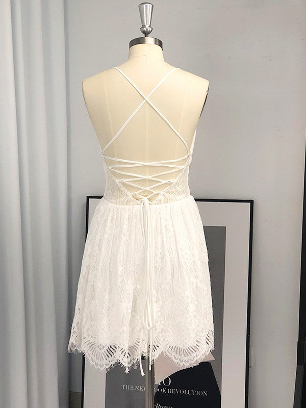 Vestido de cóctel corto/mini de encaje sin mangas con tirantes finos y corte A/princesa