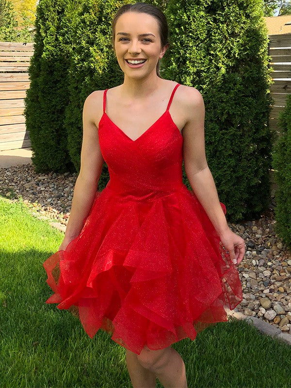Vestido de cóctel corto/mini de tul sin mangas con volantes y tirantes finos de corte A/princesa