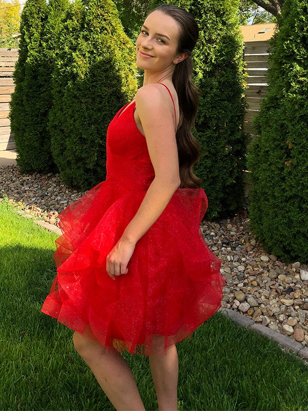 Vestido de cóctel corto/mini de tul sin mangas con volantes y tirantes finos de corte A/princesa
