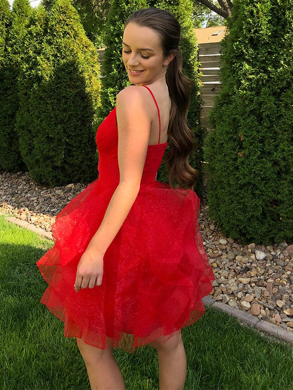 Vestido de cóctel corto/mini de tul sin mangas con volantes y tirantes finos de corte A/princesa