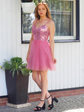 Vestido de cóctel de graduación, corte A/princesa, sin mangas, de tul, con lentejuelas y tirantes finos, corto/mini.