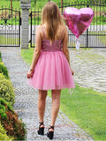 Vestido de cóctel de graduación, corte A/princesa, sin mangas, de tul, con lentejuelas y tirantes finos, corto/mini.