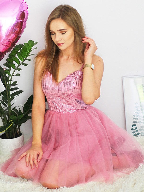 Vestido de cóctel de graduación, corte A/princesa, sin mangas, de tul, con lentejuelas y tirantes finos, corto/mini.