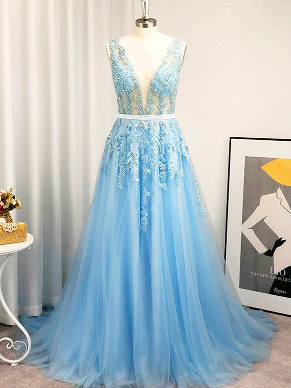 Vestido de noche de fiesta con apliques de tul, corte A/princesa, escote en V, sin mangas y cola larga