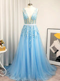 Vestido de noche de fiesta con apliques de tul, corte A/princesa, escote en V, sin mangas y cola larga