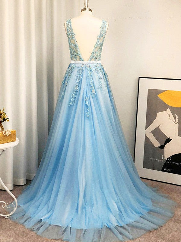 Vestido de noche de fiesta con apliques de tul, corte A/princesa, escote en V, sin mangas y cola larga