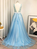Vestido de noche de fiesta con apliques de tul, corte A/princesa, escote en V, sin mangas y cola larga