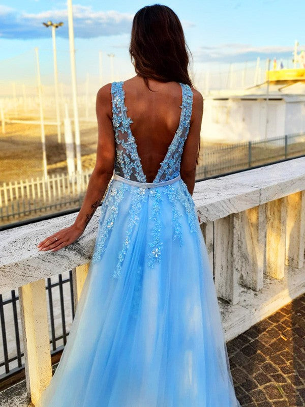 Vestido de noche de fiesta con apliques de tul, corte A/princesa, escote en V, sin mangas y cola larga