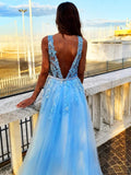 Vestido de noche de fiesta con apliques de tul, corte A/princesa, escote en V, sin mangas y cola larga