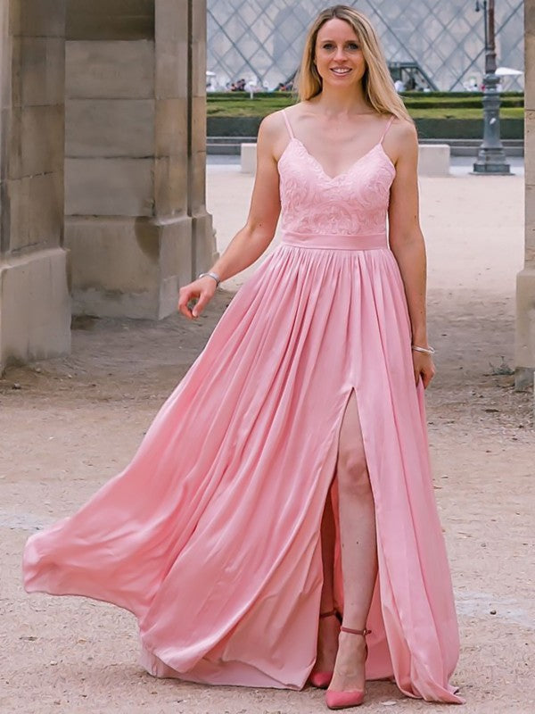 Vestido de noche de graduación con tirantes finos, corte princesa, satén imitación seda, apliques, sin mangas y largo hasta el suelo