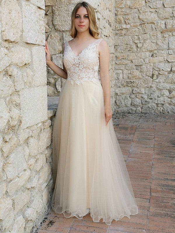 Vestido de noche de fiesta de corte A/princesa, sin mangas, con apliques de tul, escote en V y largo hasta el suelo