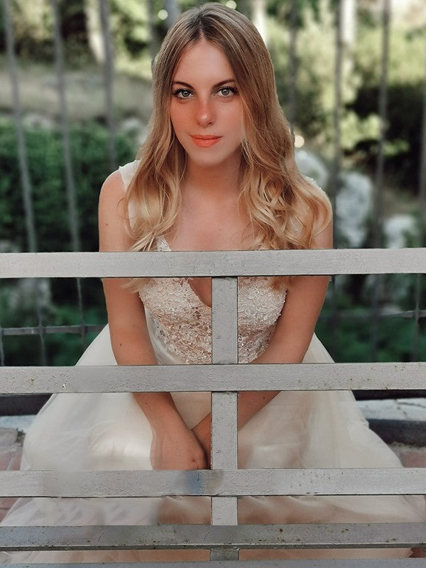 Vestido de noche de fiesta de corte A/princesa, sin mangas, con apliques de tul, escote en V y largo hasta el suelo