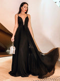 Vestido de noche de graduación de corte A/princesa, escote en V, volantes, gasa, sin mangas, largo hasta el suelo