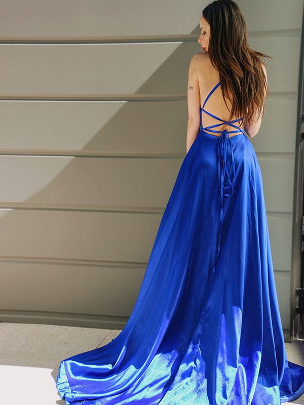 Vestido de noche de graduación con tirantes finos, corte princesa, satén sedoso, sin mangas, volantes y cola larga.