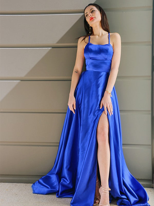Vestido de noche de graduación con tirantes finos, corte princesa, satén sedoso, sin mangas, volantes y cola larga.