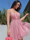 Vestidos de fiesta de graduación, corte A/princesa, fruncidos, escote en V, sin mangas, cortos/mini, para cóctel