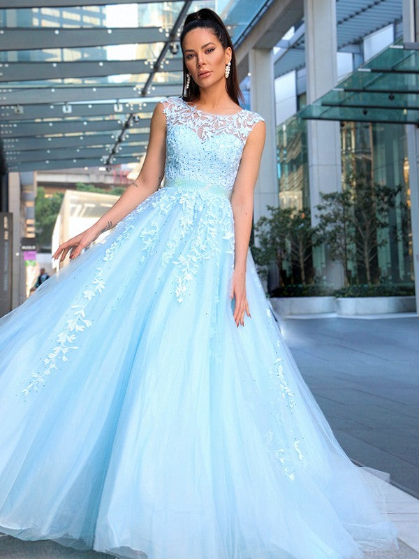 Vestido de noche de fiesta con corte A/princesa, sin mangas, con apliques de tul y cola de corte