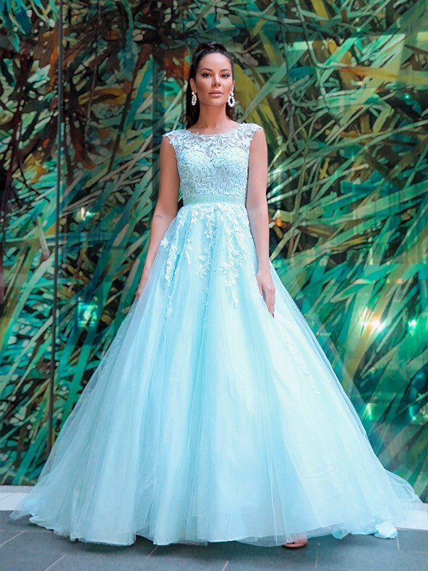 Vestido de noche de fiesta con corte A/princesa, sin mangas, con apliques de tul y cola de corte